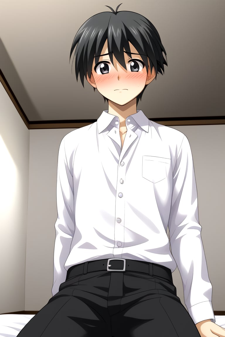 HD, 8k, highres, mantialiasing, Highly detailed, High Quality, masterpiece, beautiful, source_anime, 
BREAK 1boy, male focus, 16 years old, itou makoto, black hair, black eyes, short hair, ((white shirt)), black pants, embarrassed face, blushing, Open shirt,
BREAK room ceiling,  dark environment,
BREAK looking at the viewer, lying, Front view, , solo focus,  Focus below,