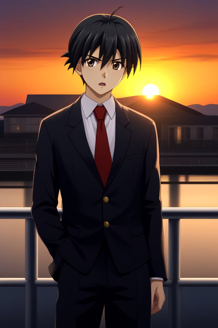 HD, 8k, highres, mantialiasing, Highly detailed, High Quality, masterpiece, beautiful, source_anime, 
BREAK 1boy, solo, male focus, 16 years old, itou makoto, black hair, brown eyes, short hair, Open mouth, serious look,
BREAK school uniform, shirt, pants, black jacket, red tie, black pants, 
BREAK train station, sunset, outside, 
BREAK looking_at_viewer, side view, standing, Upper body,
