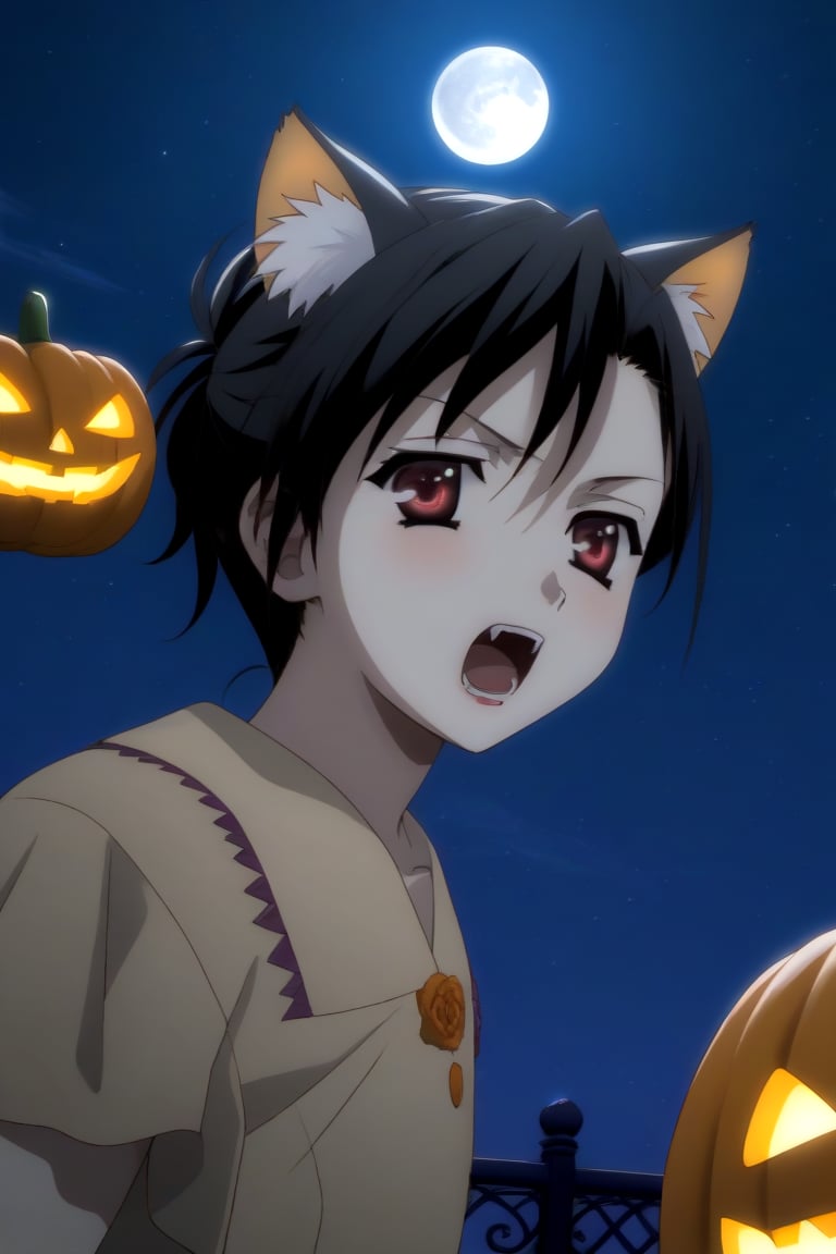 HD, 8k, highres, mantialiasing, Highly detailed, High Quality, masterpiece, beautiful, source_anime,
BREAK pumpkin patch, night, dark environment, moonlit sky, flying bats, halloween magic, starry night, moon,
BREAK 1girl, solo, (madure woman, 30 years old), Mai Kiyoura, short hair, black hair, red eyes, flat chest,
BREAK werewolf, furry, fangs, animal ears, gloves, angry, teeth, animal ear fluff, open mouth, from SIDE, on SIDE, looking_at_viewer