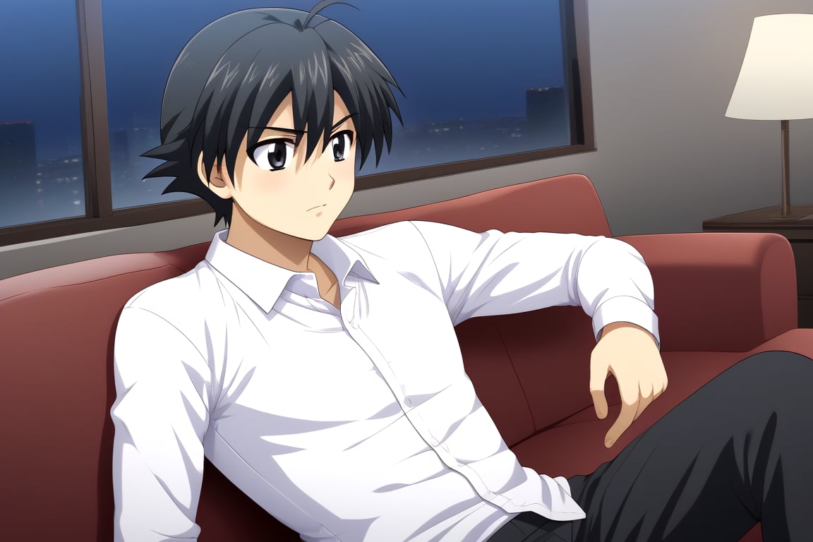 HD, 8k, highres, mantialiasing, Highly detailed, High Quality, masterpiece, beautiful, source_anime, 
BREAK 1boy, male focus, 16 years old, itou makoto, black hair, black eyes, short hair, ((white shirt)), black pants, serious face,
BREAK inside living room, window, glass, couch, night, dark environment,
BREAK front, sitting, Front view, looking SIDE, solo focus, 