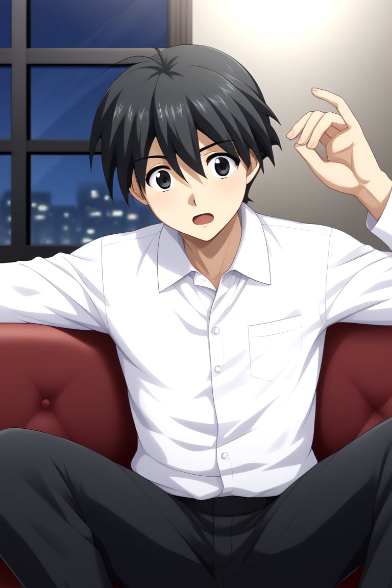 HD, 8k, highres, mantialiasing, Highly detailed, High Quality, masterpiece, beautiful, source_anime, 
BREAK 1boy, male focus, 16 years old, itou makoto, black hair, black eyes, short hair, ((white shirt)), black pants, surprised face,
BREAK inside living room, window, glass, couch, night, dark environment,
BREAK front, sitting, Front view, looking SIDE, solo focus, 