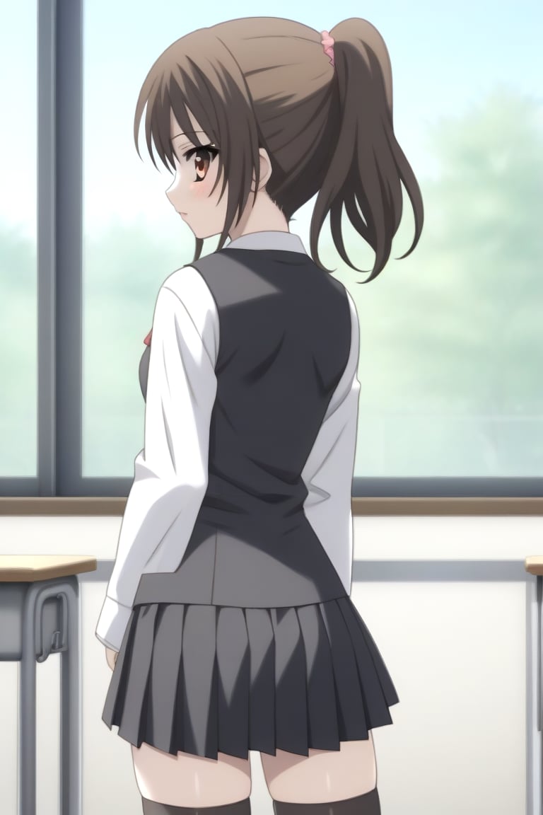 Highly detailed, High Quality, masterpiece, beautiful, source_anime, 1girl, solo, (feminine focus, young woman, 16 years old), Otome Katou, brown hair, brown eyes, medium hair, ponytail, ((tiny_breasts)), school uniform, ((shirt, shirt sleeves:1.5)), long sleeves, white sleeves, black vest, vest, pleated skirt, ((black skirt, waist-length skirt:1.2)), thighhighs, black thighhighs, zettai ryouiki, cowboy_shot, (back view, looking_back, from_behind), classroom, pizzaron, Windows, 