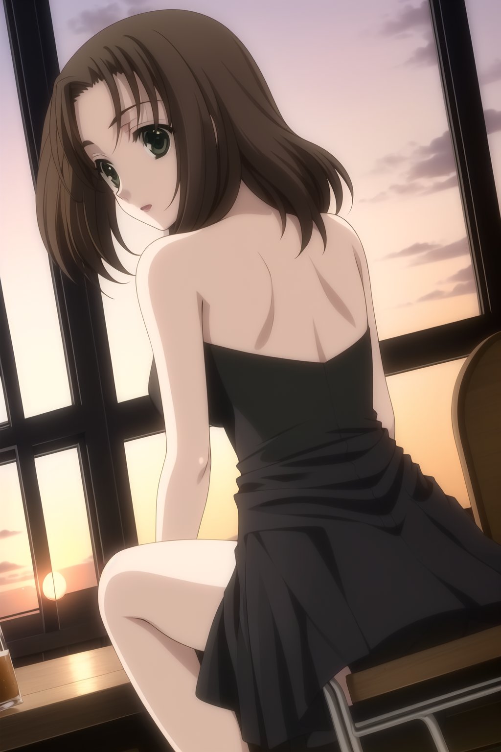 HD, 8k, highres, mantialiasing, Highly detailed, High Quality, masterpiece, beautiful, 1girl, solo, (feminine focus, madure woman, 32 years old), kumi mori, (brown hair, green eyes:1.5), medium hair,
BREAK ((black dress:1.5)), (long dress, side slit, strapless dress, bare shoulders, jewelry, long gloves, lipstick), 
BREAK indoors, ((restaurant, back windows showing a sunset, chair, tables, dark environment:1.5)),
BREAK looking_at_viewer, sitting, full_body, ((Focus breasts)), 