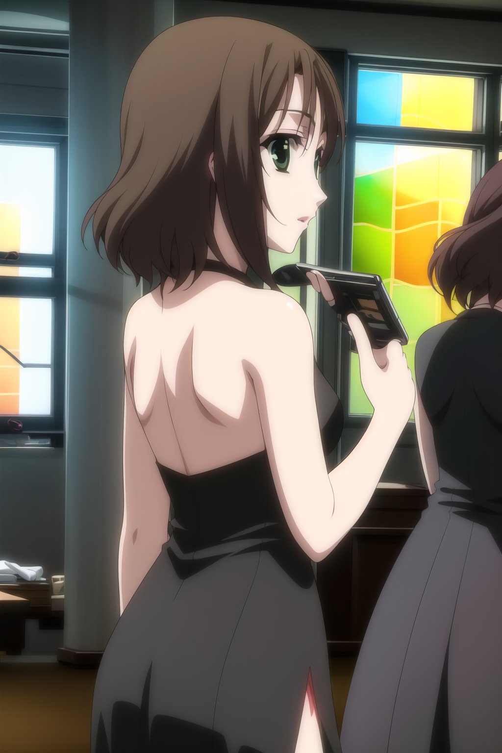 HD, 8k, highres, mantialiasing, Highly detailed, High Quality, masterpiece, beautiful, 1girl, (solo:1.5), (feminine focus, madure woman, 32 years old), kumi mori, (brown hair, green eyes:1.5), medium hair,
BREAK ((black dress:1.5)), (long dress, side slit, strapless dress, bare shoulders, jewelry, long gloves, lipstick), 
BREAK ((hotel, indoors, windows, dark environment:1.8)),
BREAK looking_at_viewer, standing, from_behind, back view, upper_body, ((Focus ass:1.2)), 