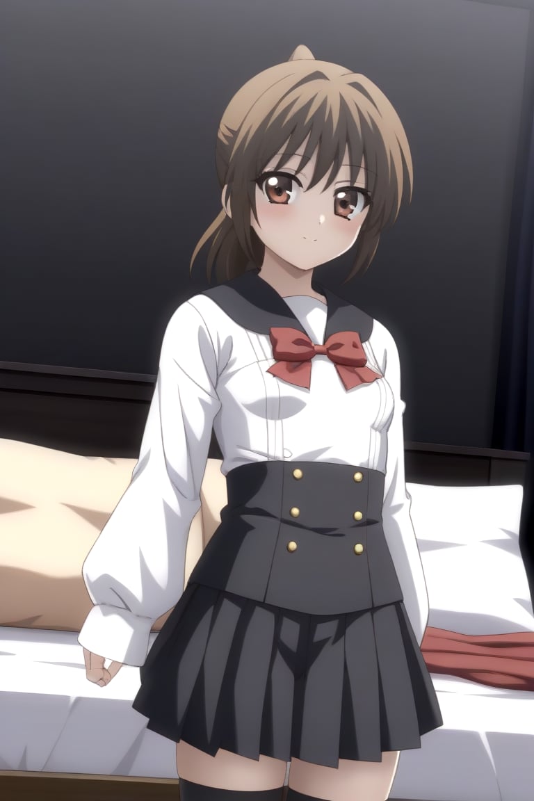 HD, 8k, highres, mantialiasing, Highly detailed, High Quality, masterpiece, beautiful, source_anime, 1girl, solo, (feminine focus, young woman, 16 years old), Otome Katou, brown hair, brown eyes, medium hair, ponytail, ((tiny_breasts)), school uniform, ((shirt sleeves:1.5)), (long sleeves, white sleeves), pleated skirt, ((black skirt, waist-length skirt:1.2)), thighhighs, black thighhighs, zettai ryouiki, ((dark environment)), curtains, room, bed, cowboy shot, dutch angle,