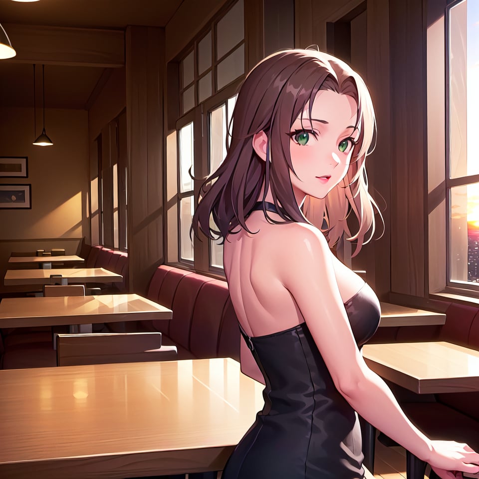 HD, 8k, highres, mantialiasing, Highly detailed, High Quality, masterpiece, beautiful, 1girl, solo, (feminine focus, madure woman, 32 years old), kumi mori, (brown hair, green eyes:1.5), medium hair,
BREAK ((black dress:1.5)), (long dress, side slit, strapless dress, bare shoulders, jewelry, long gloves, lipstick), 
BREAK indoors, ((restaurant, back windows showing a sunset, chair, tables, dark environment:1.5)),
BREAK looking at viewer, sitting, from_front, front_view, full_body,
BREAK (masterpiece:1.2), best quality, high resolution, unity 8k wallpaper, (illustration:0.8), (beautiful detailed eyes:1.6), extremely detailed face, perfect lighting, extremely detailed CG, (perfect hands, perfect anatomy), 