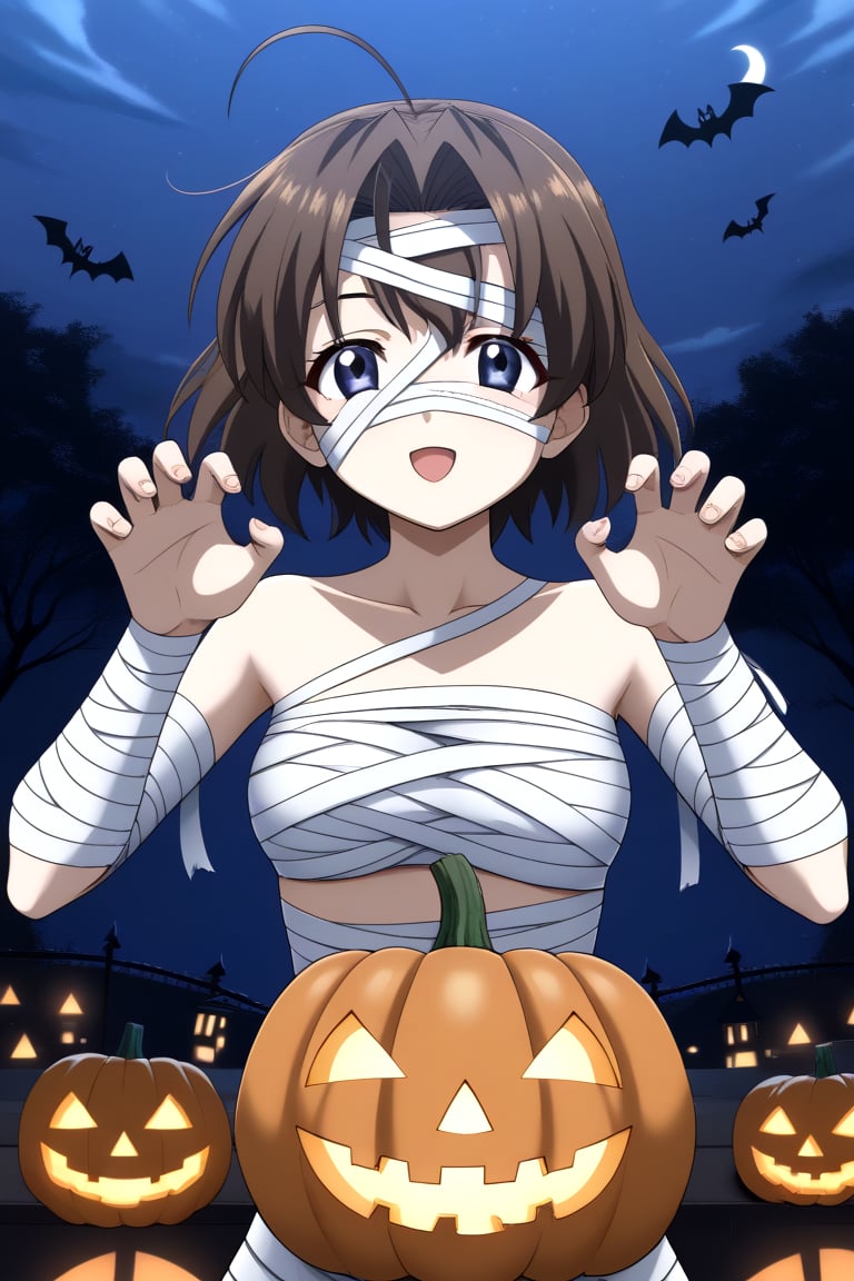 HD, 8k, highres, mantialiasing, Highly detailed, High Quality, masterpiece, beautiful, source_anime,
BREAK pumpkin patch, night, dark environment, moonlit sky, flying bats, halloween magic, starry night,  jack-o’-lanterns,
BREAK 1Girl, young woman, 16 years old, Sekai Saionji, dark brown hair, blue eyes, ahoge, short hair, 
BREAK mummy costume, bandages, halloween costume, bandaged arm, zombie pose, bandage on face,