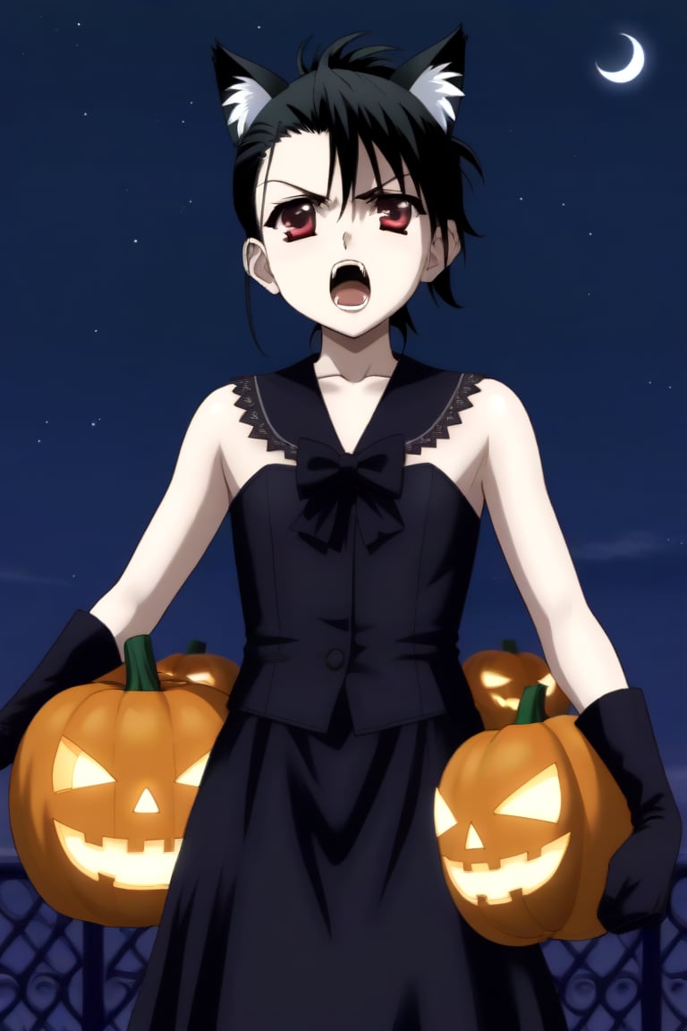 HD, 8k, highres, mantialiasing, Highly detailed, High Quality, masterpiece, beautiful, source_anime,
BREAK pumpkin patch, night, dark environment, moonlit sky, flying bats, halloween magic, starry night,  jack-o’-lanterns,
BREAK 1girl, solo, (madure woman, 30 years old), Mai Kiyoura, short hair, black hair, red eyes, flat chest,
BREAK werewolf, furry, fangs, animal ears, gloves, angry, teeth, animal ear fluff, open mouth, cowboy shot, dutch_angle