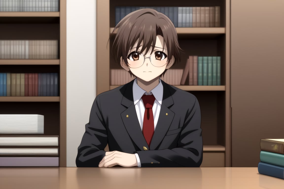 HD, 8k, highres, mantialiasing, Highly detailed, High Quality, masterpiece, beautiful, source_anime, 
BREAK 1boy, male focus, 16 years old, yuuki ashikaga, boy with brown hair, Brown eyes, short hair, nervous look, glasses,
BREAK school uniform, shirt, pants, black jacket, red tie, black pants, 
BREAK inside bookshop, bookshelf, books lying on the floor, computers, desktop,
BREAK looking_at_viewer, front view, standing, Upper body 
