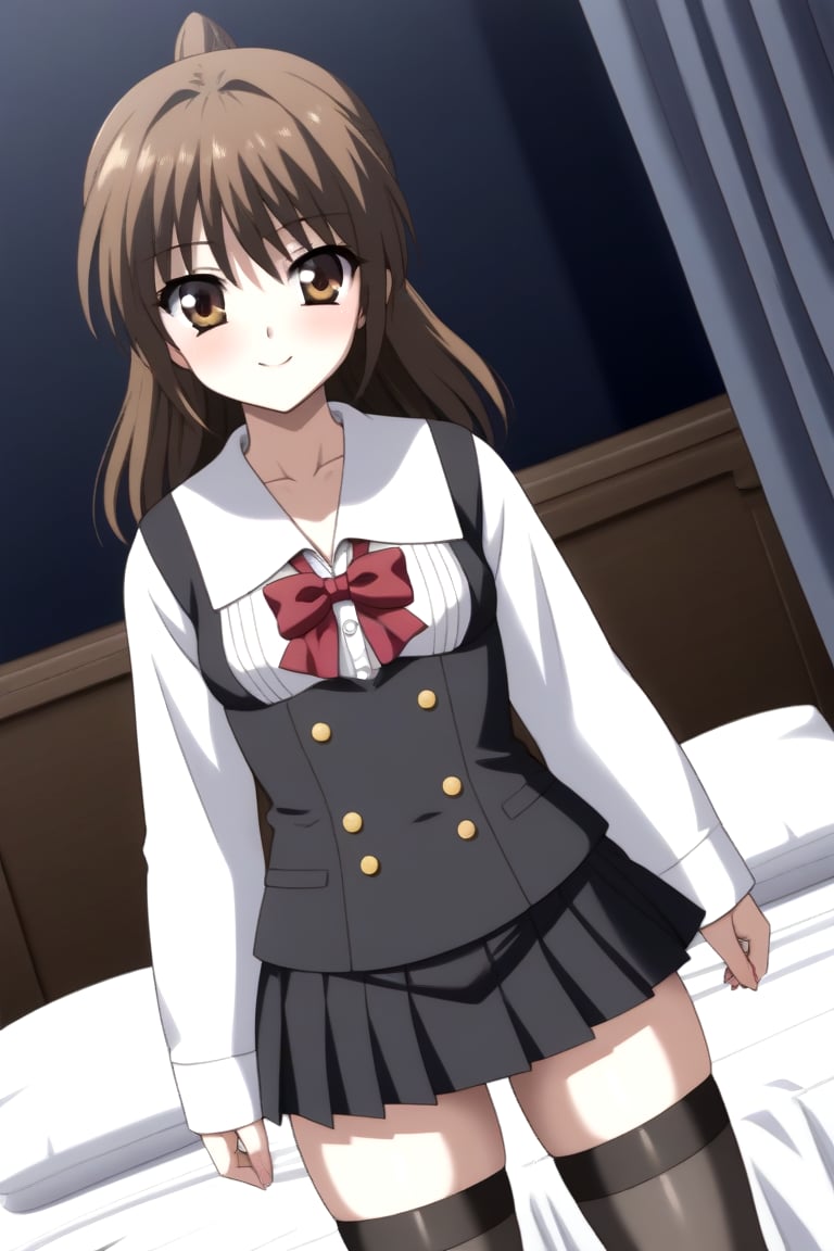 HD, 8k, highres, mantialiasing, Highly detailed, High Quality, masterpiece, beautiful, source_anime, 
BREAK 1girl, solo, (feminine focus, young woman, 16 years old), Otome Katou, brown hair, brown eyes, long hair,  ((tiny_breasts)), 
BREAK school uniform, ((shirt:1.5)), long sleeves, white sleeves, ((black vest)), pleated skirt, ((black skirt, waist-length skirt:1.2)), thighhighs, black thighhighs, zettai ryouiki, 
BREAK ((dark environment)), curtains, room, bed, 
BREAK front view, on_knees, looking_at_viewer, dutch angle, upper_body, Focus breasts,