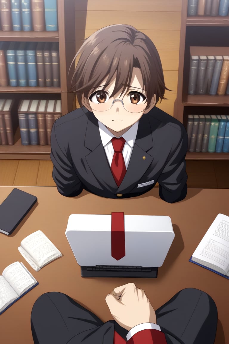 HD, 8k, highres, mantialiasing, Highly detailed, High Quality, masterpiece, beautiful, source_anime, 
BREAK 1boy, male focus, 16 years old, yuuki ashikaga, boy with brown hair, Brown eyes, short hair, uniform school, boy with black vest, red tie, black pants, nervous look, glasses,
BREAK inside bookshop, bookshelf, books lying on the floor, computers, desktop,
BREAK looking_at_viewer, front view, standing, pov,
