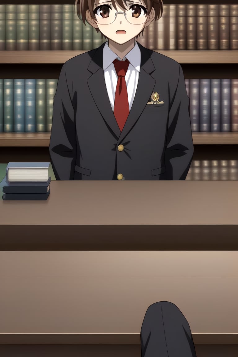 HD, 8k, highres, mantialiasing, Highly detailed, High Quality, masterpiece, beautiful, source_anime, 
BREAK 1boy, male focus, 16 years old, yuuki ashikaga, boy with brown hair, Brown eyes, short hair, nervous look, glasses, Open mouth,
BREAK school uniform, shirt, pants, black jacket, red tie, black pants, 
BREAK inside bookshop, bookshelf, books lying on the floor, computers, desktop,
BREAK looking_at_viewer, front view, standing, Upper body 
