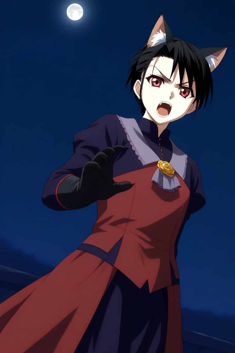 HD, 8k, highres, mantialiasing, Highly detailed, High Quality, masterpiece, beautiful, source_anime,
BREAK  night, dark environment, moonlit sky, starry night, moon,
BREAK 1girl, solo, (madure woman, 30 years old), Mai Kiyoura, short hair, black hair, red eyes, flat chest,
BREAK werewolf, furry, fangs, animal ears, gloves, angry, teeth, animal ear fluff, open mouth, cowboy shot, dutch_angle