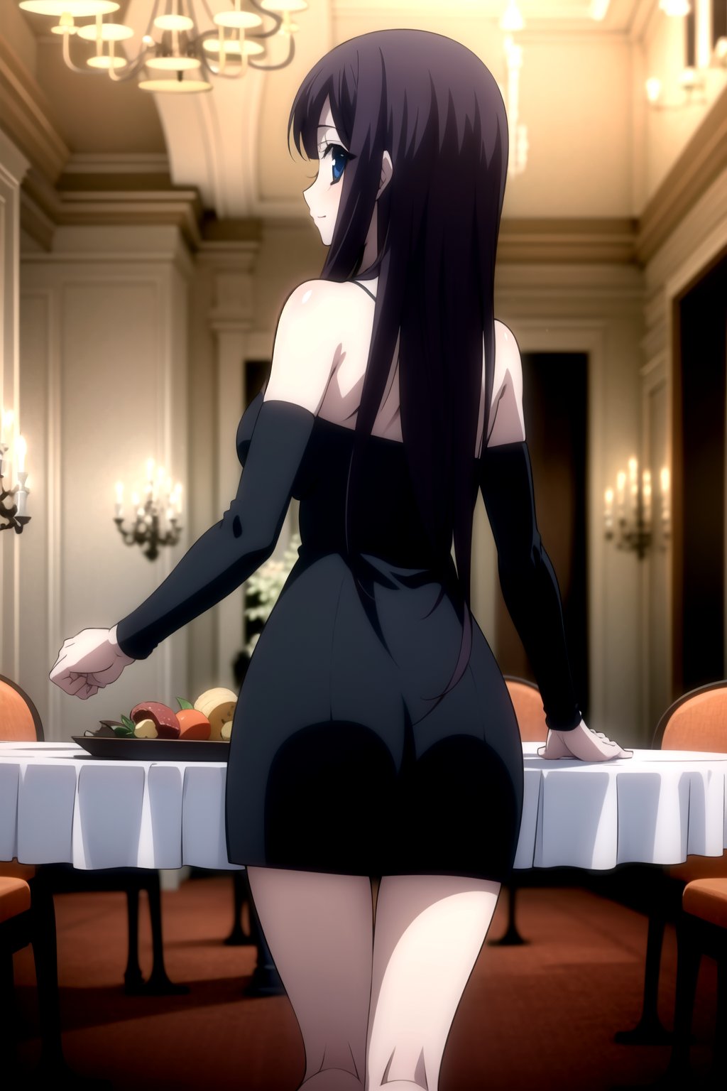 Highly detailed, High Quality, masterpiece, beautiful,
BREAK 1girl, solo, (young woman, 16 years old), roka kitsuregawa, (long hair), purple hair, blue eyes,
BREAK (bare shoulders, black dress, black sleeves, neckline), (medium breasts), 
BREAK (background of a luxurious restaurant, chandelier:1.5),
BREAK looking_back, standing, feet_out_of_frame, focus waist, from_behind.