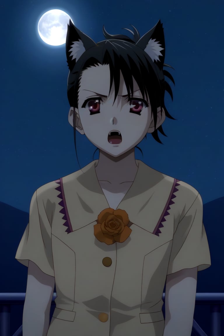 HD, 8k, highres, mantialiasing, Highly detailed, High Quality, masterpiece, beautiful, source_anime,
BREAK night, dark environment, moonlit sky, starry night, moon,
BREAK 1girl, solo, (madure woman, 30 years old), Mai Kiyoura, short hair, black hair, red eyes, flat chest,
BREAK werewolf, furry, fangs, animal ears, gloves, angry, teeth, animal ear fluff, open mouth, cowboy shot, dutch_angle