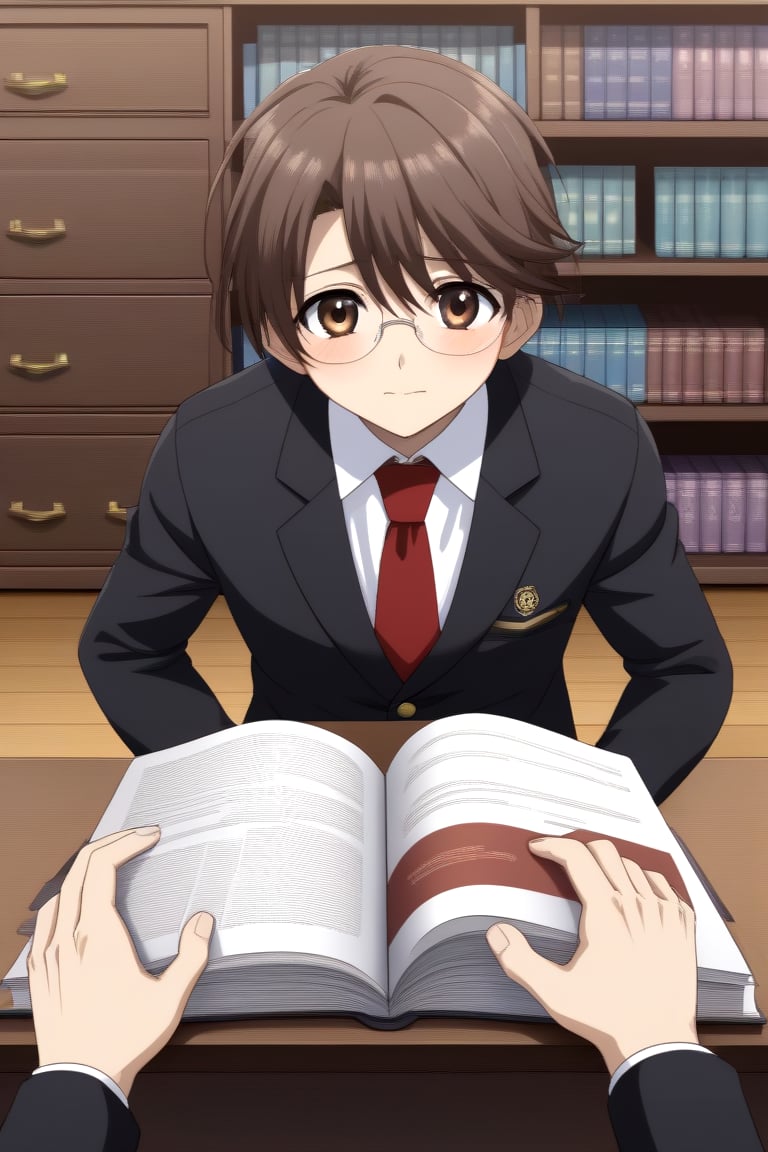 HD, 8k, highres, mantialiasing, Highly detailed, High Quality, masterpiece, beautiful, source_anime, 
BREAK 1boy, male focus, 16 years old, yuuki ashikaga, boy with brown hair, Brown eyes, short hair, nervous look, glasses,
BREAK school uniform, shirt, pants, black jacket, red tie, black pants, 
BREAK inside bookshop, bookshelf, books lying on the floor, computers, desktop,
BREAK looking_at_viewer, front view, standing, pov,
