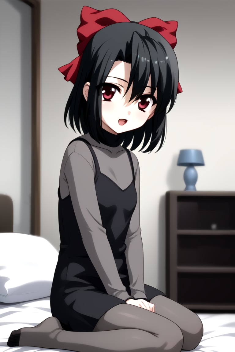 Highly detailed, High Quality, masterpiece, beautiful, 1girl, solo, (feminine focus, young woman, 16 years old), Setsuna Kiyoura, black hair, red eyes, hair bow, red bow, tiny breasts, short hair, :o, Open mouth,
BREAK grey t-shirt, grey long sleeves, turtle neck, (dress),
BREAK bedroom,
BREAK looking_at_viewer, far_from_viewer, side view, (full_body, focus face),