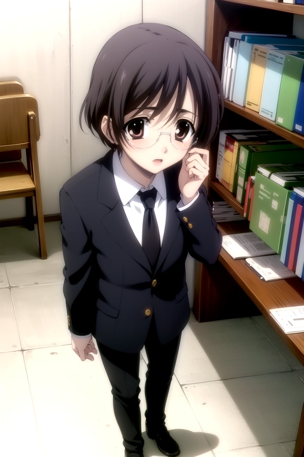 Highly detailed, High Quality, Masterpiece, beautiful,
BREAK 1boy, (solo:1.5), (young man), (16 old), yuu ashikaga uniform, short hair, brown hair, (male focus, male chest),  (brown eyes:1.5), glasses, 
BREAK school library interior, desk, chairs, books on the desk,
BREAK long sleeves, school uniform, necktie, bag, formal, suit, black dress pants, black shoes, black jacket, white shirt peeking out,
BREAK looking_down, (focus waist), standing,