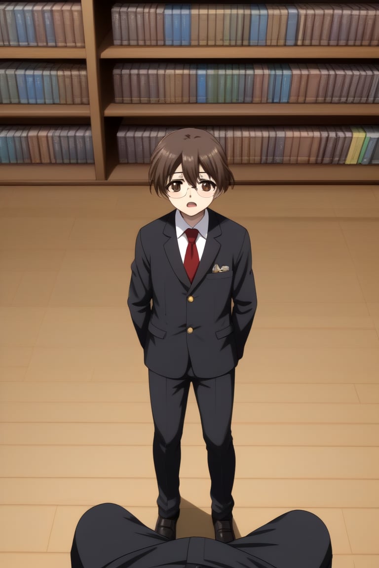 HD, 8k, highres, mantialiasing, Highly detailed, High Quality, masterpiece, beautiful, source_anime, 
BREAK 1boy, male focus, 16 years old, yuuki ashikaga, boy with brown hair, Brown eyes, short hair, nervous look, glasses, Open mouth,
BREAK school uniform, shirt, pants, black jacket, red tie, black pants, 
BREAK inside bookshop, bookshelf, books lying on the floor, computers, desktop,
BREAK looking_at_viewer, front view, standing, Upper body 
