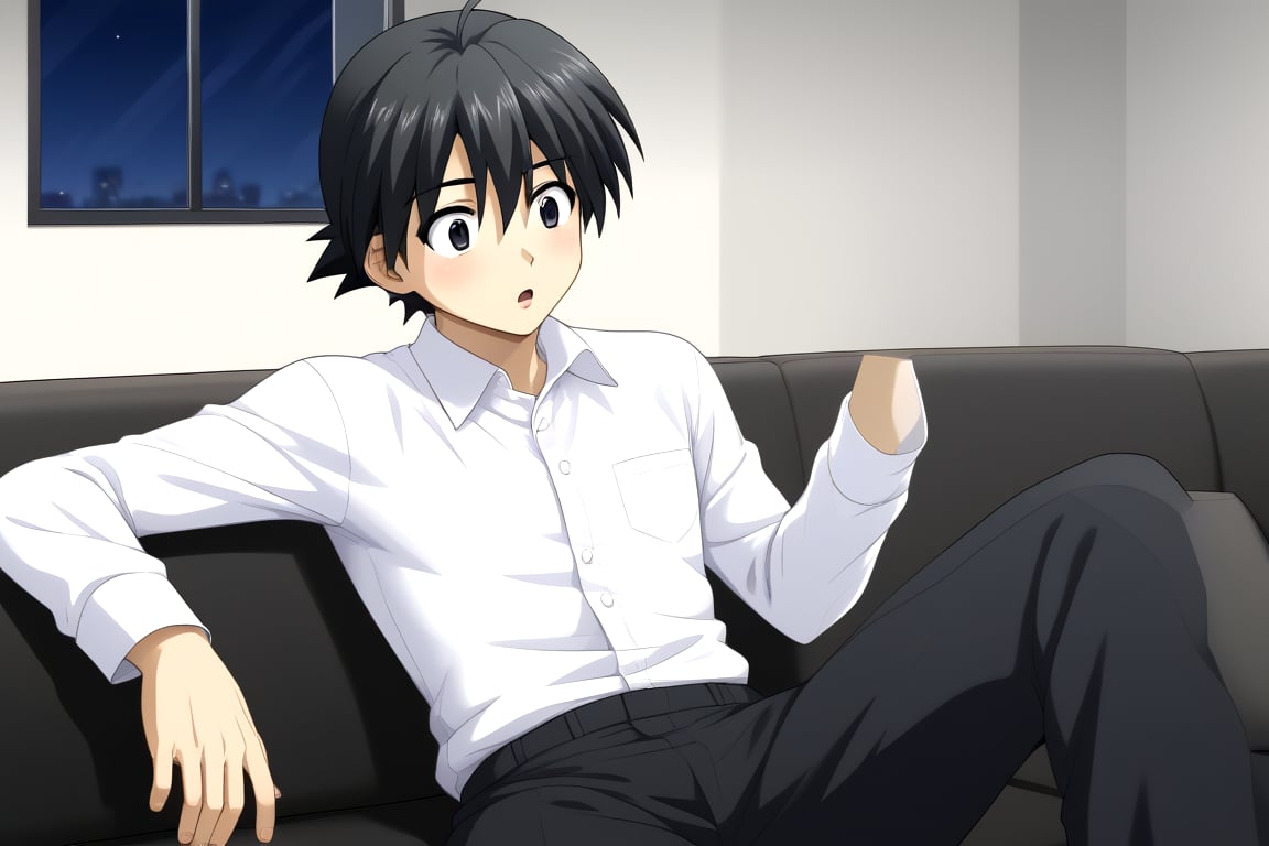 HD, 8k, highres, mantialiasing, Highly detailed, High Quality, masterpiece, beautiful, source_anime, 
BREAK 1boy, male focus, 16 years old, itou makoto, black hair, black eyes, short hair, ((white shirt)), black pants, surprised face,
BREAK inside living room, window, glass, couch, night, dark environment,
BREAK front, sitting, Front view, looking SIDE, solo focus, 