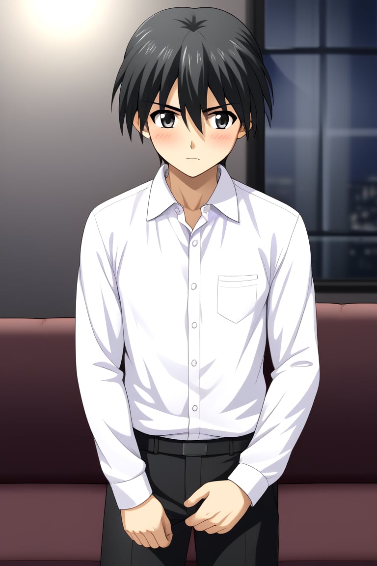 HD, 8k, highres, mantialiasing, Highly detailed, High Quality, masterpiece, beautiful, source_anime, 
BREAK 1boy, male focus, 16 years old, itou makoto, black hair, black eyes, short hair, ((white shirt)), black pants, serious face, blushing,
BREAK inside living room, window, glass, couch, night, dark environment,
BREAK front, Standing, Front view, looking SIDE, solo focus, 