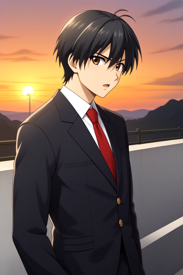 HD, 8k, highres, mantialiasing, Highly detailed, High Quality, masterpiece, beautiful, source_anime, 
BREAK 1boy, solo, male focus, 16 years old, itou makoto, black hair, brown eyes, short hair, Open mouth, serious look,
BREAK school uniform, shirt, pants, black jacket, red tie, black pants, 
BREAK train station, sunset, outside, 
BREAK looking_at_viewer, side view, standing, Upper body,
