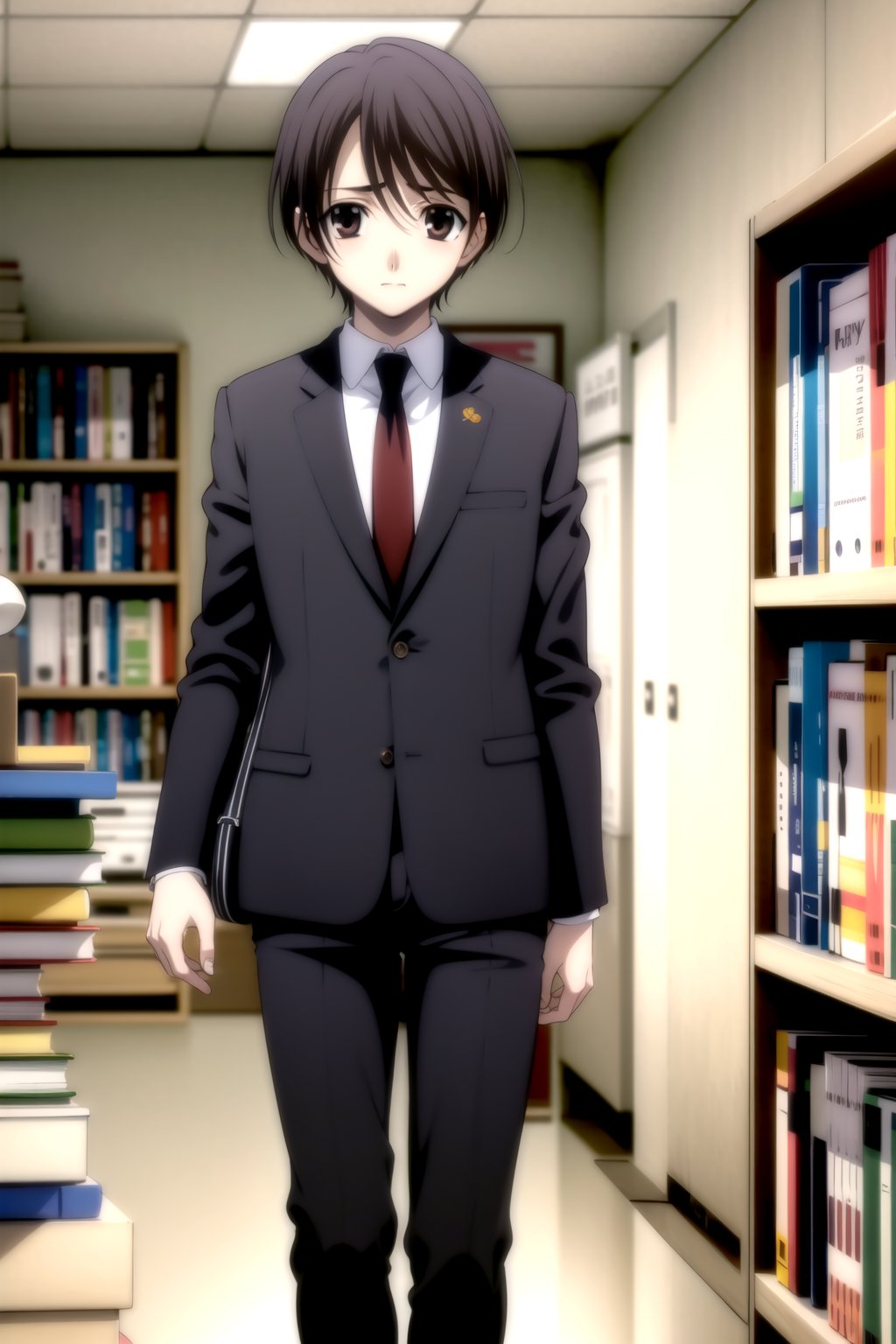 Highly detailed, High Quality, Masterpiece, beautiful,
BREAK 1boy, (solo), (young man), (16 old), yuu ashikaga uniform, short hair, brown hair, (male focus, male chest),  (brown eyes), look of shame,
BREAK school library interior,
BREAK long sleeves, school uniform, necktie, bag, formal, suit, black dress pants, black jacket, white shirt peeking out,
BREAK looking_down, (focus face), (boy on knees next to several books),