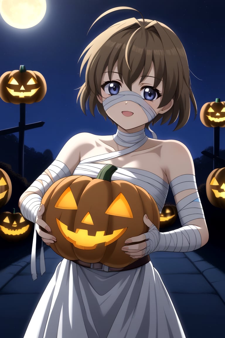 HD, 8k, highres, mantialiasing, Highly detailed, High Quality, masterpiece, beautiful, source_anime,
BREAK pumpkin patch, night, dark environment, moonlit sky, flying bats, halloween magic, starry night,  jack-o’-lanterns,
BREAK 1Girl, young woman, 16 years old, Sekai Saionji, brown hair, blue eyes, ahoge, short hair, 
BREAK mummy costume, bandages, halloween costume, bandaged arm, zombie pose, bandage on face,