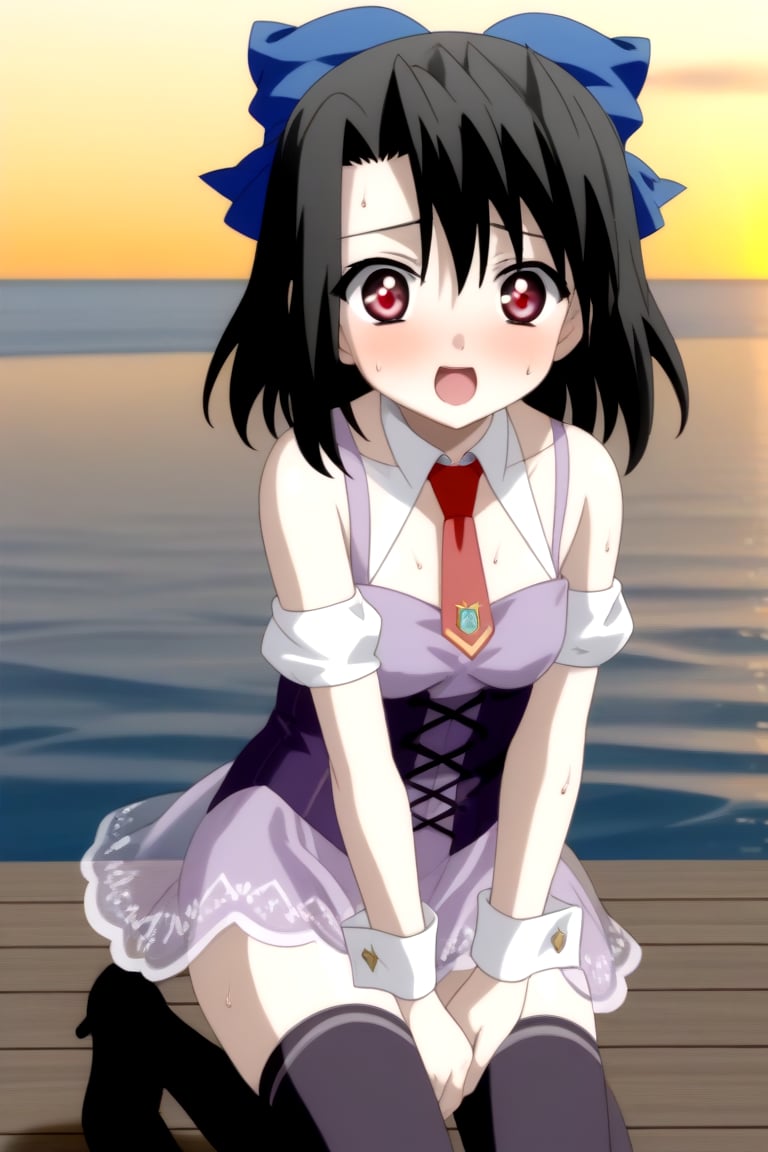 Highly detailed, High Quality, masterpiece, beautiful, source_anime, 1girl, solo, (young woman), (16 old), Setsuna Kiyoura, black hair, red eyes, short_hair, hair bow, blue bow, tiny breasts, surprised face, excited, flushed cheeks, bright pupils, apricot eyes, ((Uniform Radish )), bare shoulders, necktie, red necktie, detached collar, corset, detached sleeve, thighhighs, dress, purple dress, (miniskirt, transparent skirt), wrist_cuff,on_knees, nervous, sweating, O-face, ocean, sunset, near pier, Front view,