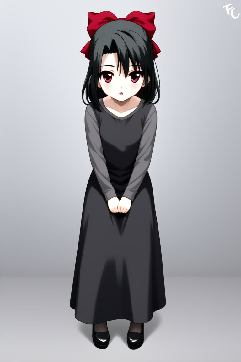 Highly detailed, High Quality, masterpiece, beautiful, 1girl, solo, (feminine focus, young woman, 16 years old), Setsuna Kiyoura, black hair, red eyes, hair bow, red bow, tiny breasts, BREAK grey t-shirt, grey long sleeves, turtle neck, ((black dress)), long dress, black stockings,
BREAK front view, standing, (Focus face), full_body, leaning_forward,