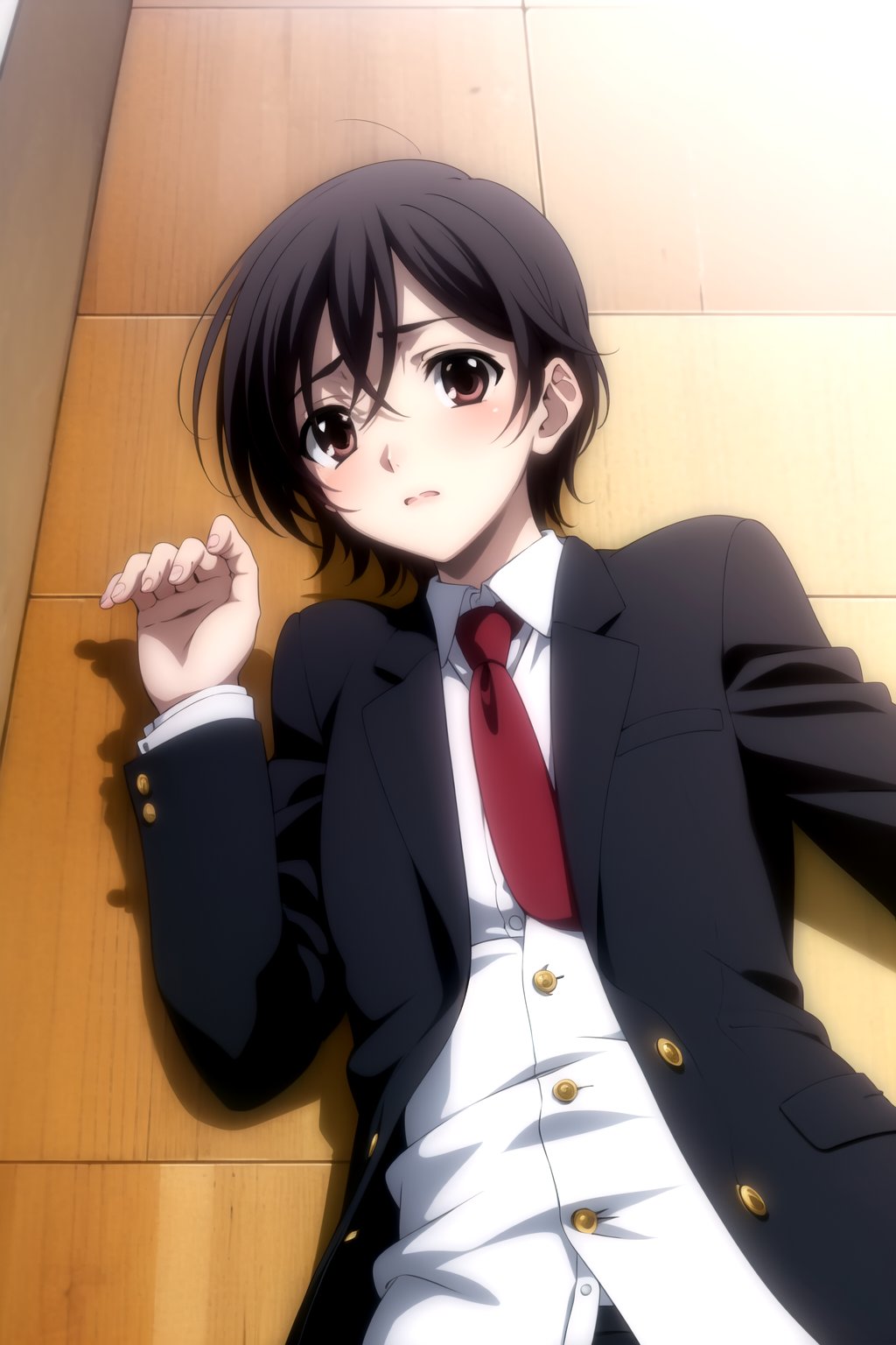 Highly detailed, High Quality, Masterpiece, beautiful,
BREAK 1boy, (solo), (young man), (16 old), yuu ashikaga uniform, short hair, brown hair, (male focus, male chest),  (brown eyes), look of shame, blushing,
BREAK school library interior,
BREAK long sleeves, school uniform, red necktie, suit, black dress pants, black jacket, white shirt peeking out,
BREAK looking_at_viewer, (lying on the floor:1.5), upper_body, aroused