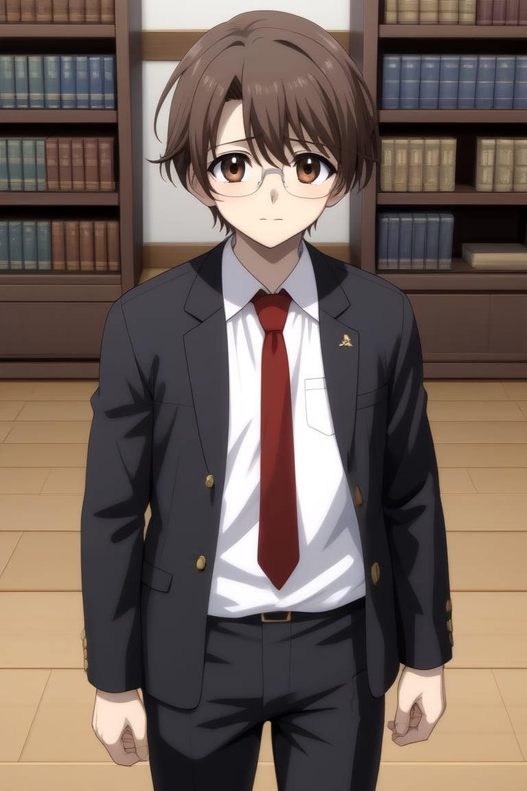 HD, 8k, highres, mantialiasing, Highly detailed, High Quality, masterpiece, beautiful, source_anime, 
BREAK 1boy, male focus, 16 years old, yuuki ashikaga, boy with brown hair, Brown eyes, short hair, nervous look, glasses,
BREAK school uniform, shirt, pants, black jacket, red tie, black pants, 
BREAK inside bookshop, bookshelf, books lying on the floor, computers, desktop,
BREAK looking_at_viewer, front view, standing, Upper body 
