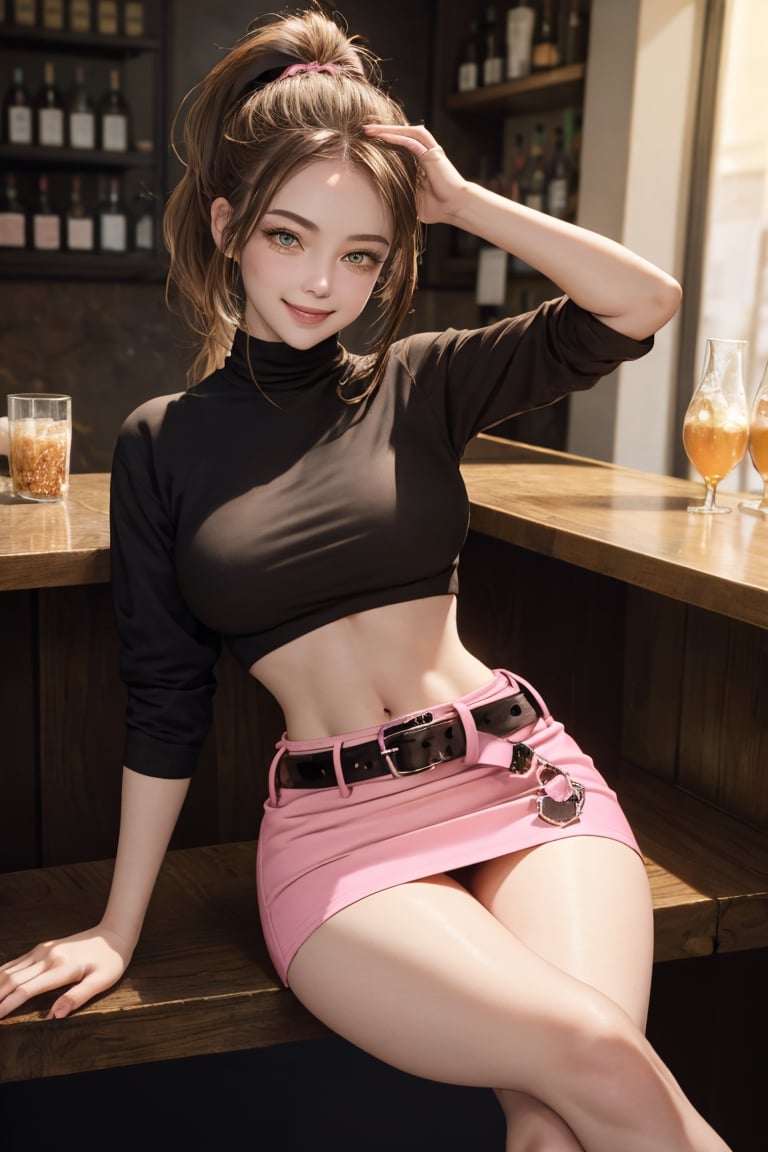 masterpiece, best quality, absurdres, perfect anatomy, 1girl, solo, brown hair, ponytail, amber eyes, Belted Skirt, pink skirt, microskirt, crop top, underboob, arm_raised, smile, indoors, bar, crossed_legs_(sitting),pov below, Belted Skirt