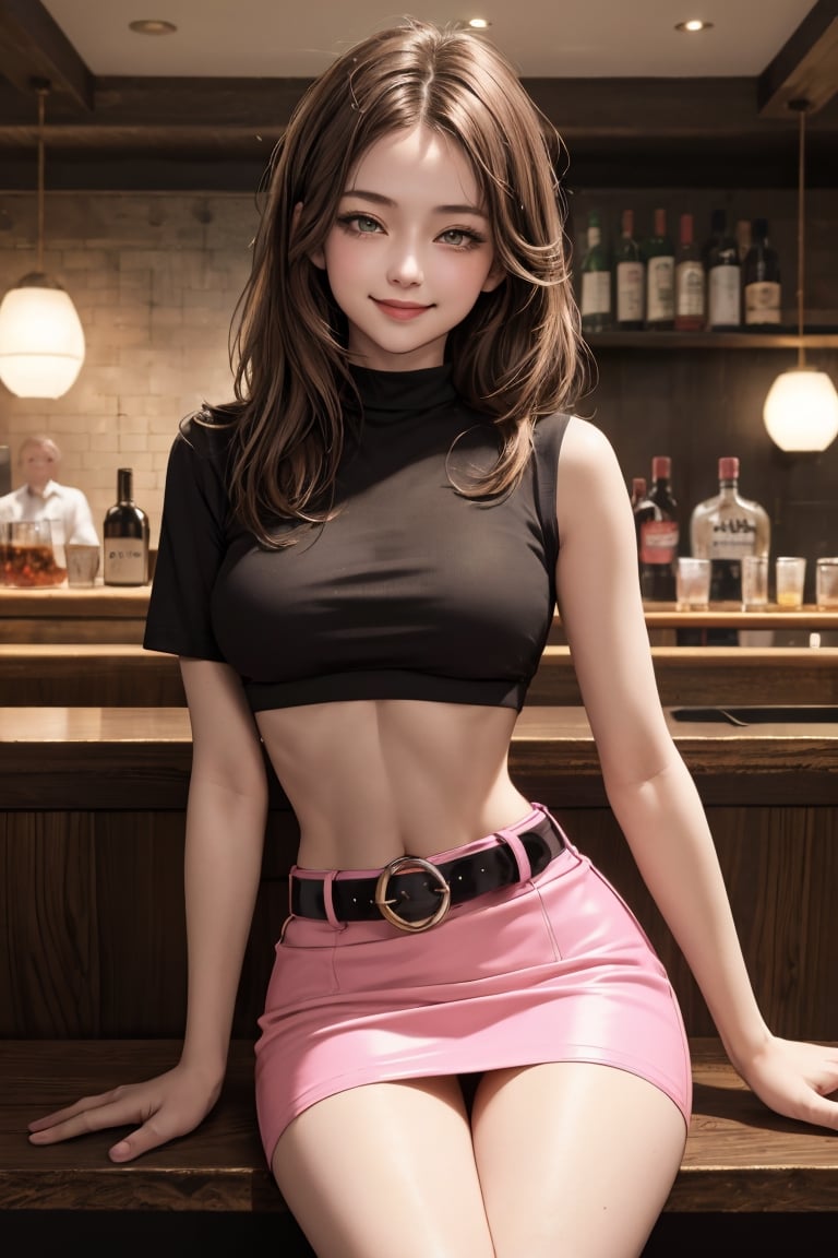 masterpiece, best quality, absurdres, perfect anatomy, 1girl, solo, brown hair, amber eyes, Belted Skirt, pink skirt, microskirt, crop_top, (underboob) , arm_raised, smile, indoors, bar, crossed_legs_(sitting), pov below,