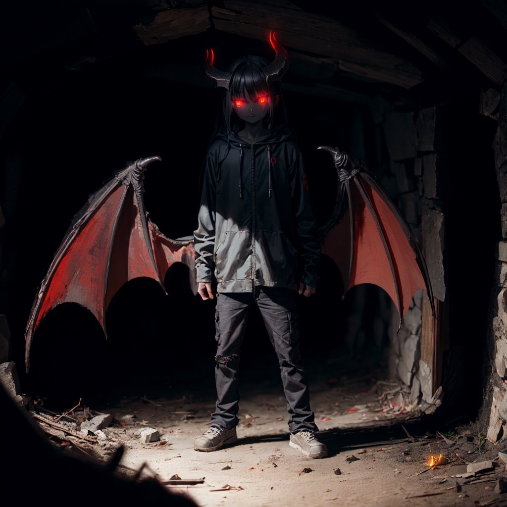 Evil Demon Standing in dark cave, bat_wings, horns, ((red_eyes, glowing_eyes)), ((dark)), shadows