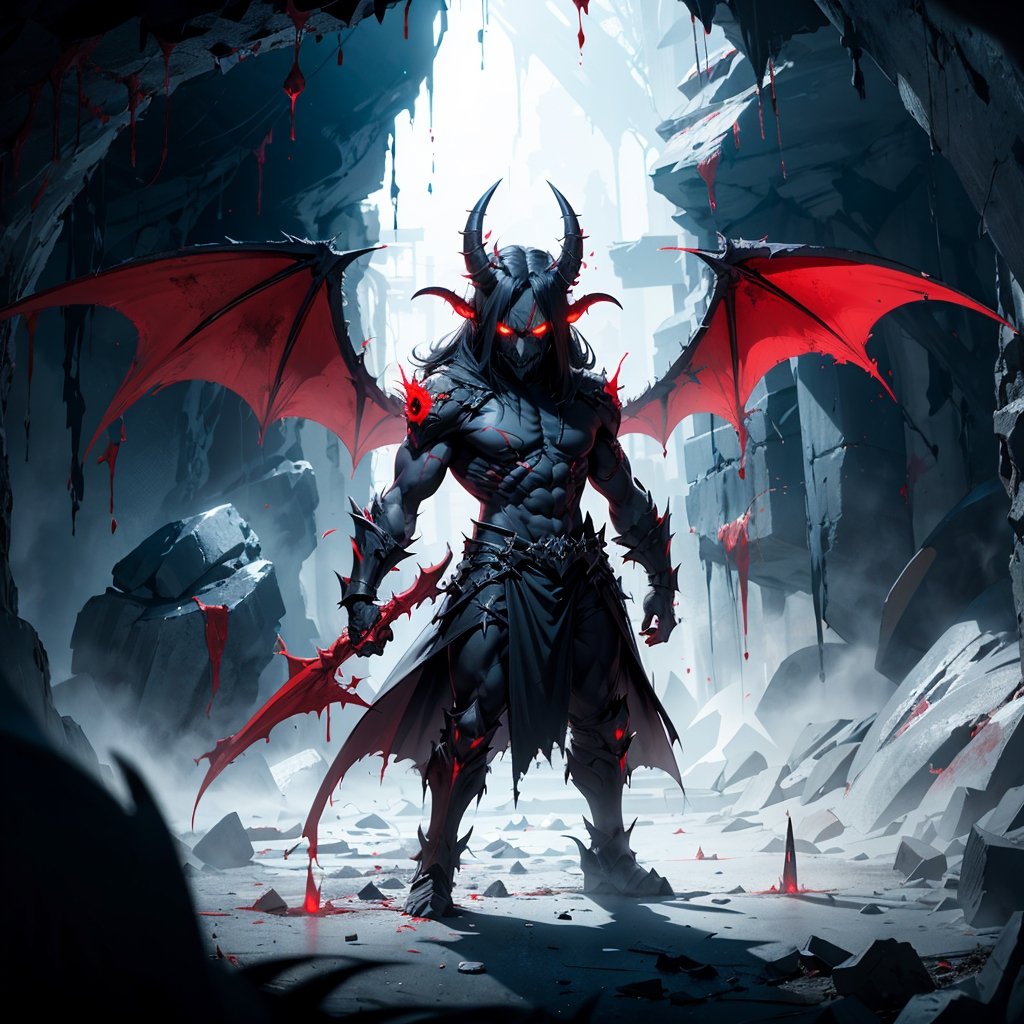 Evil Demon Standing in dark cave, bat_wings, horns, ((red_eyes, glowing_eyes)), ((dark)), shadows