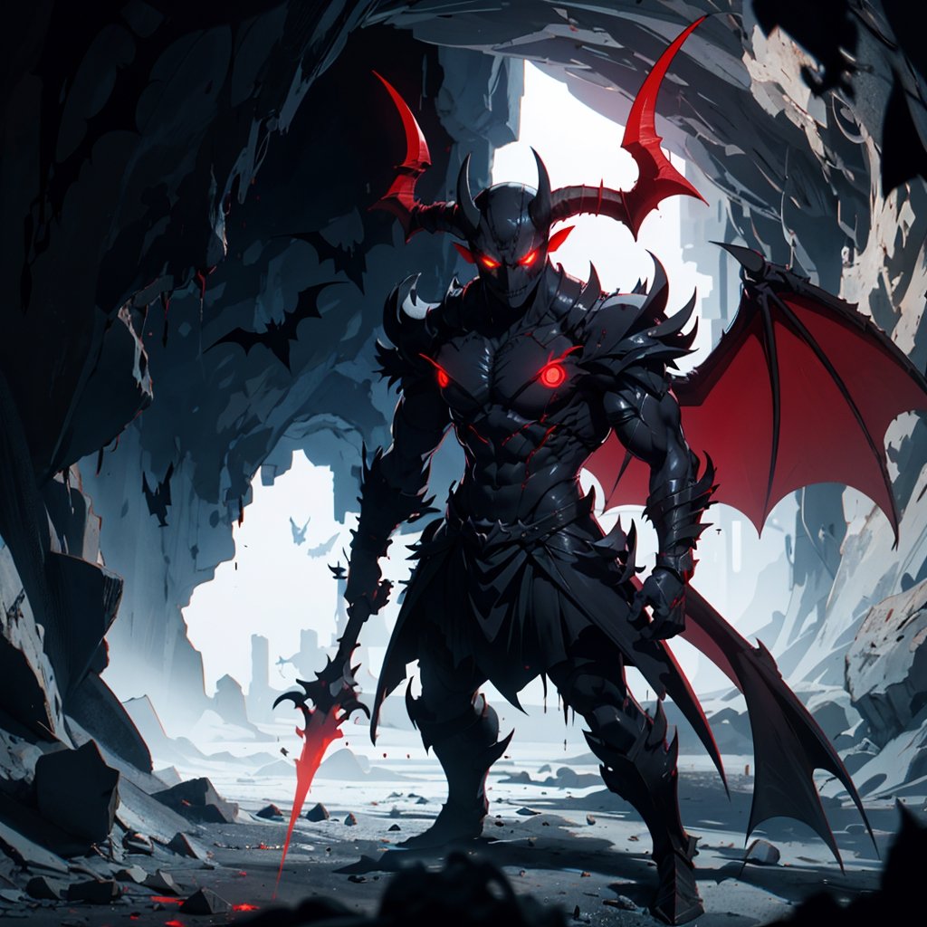 Evil Demon Standing in dark cave, bat_wings, horns, ((red_eyes, glowing_eyes)), ((dark)), shadows