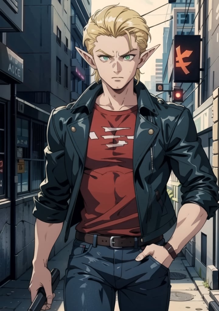 sole_male, blond_hair, slicked_back_hair, green_eyes, glowing_eyes, elf_ears, red_shirt, black leather jacket, blue_jeans, dark alley, cyberpunk city, midnight, 