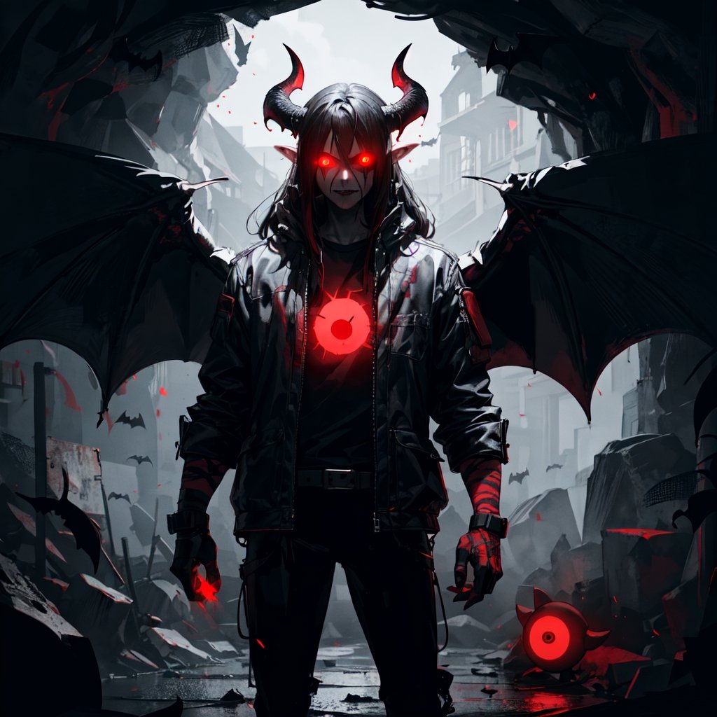 Evil Demon Standing in dark cave, bat_wings, horns, ((red_eyes, glowing_eyes)), ((dark)), shadows