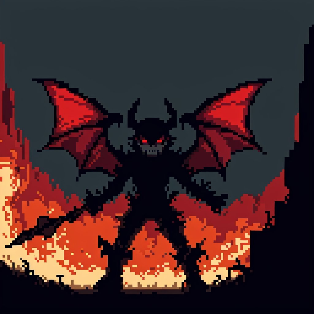 Evil Demon Standing in dark cave, bat_wings, horns, ((red_eyes, glowing_eyes)), ((dark)), shadows,Pixel art