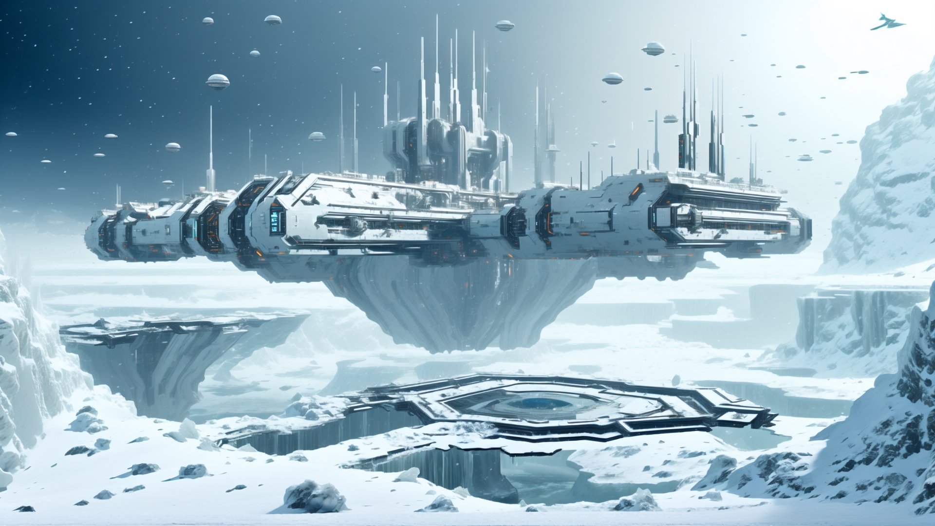 Spaceship landing platform on frozen planet,  ice,  snow by barryperry on Tensor.Art