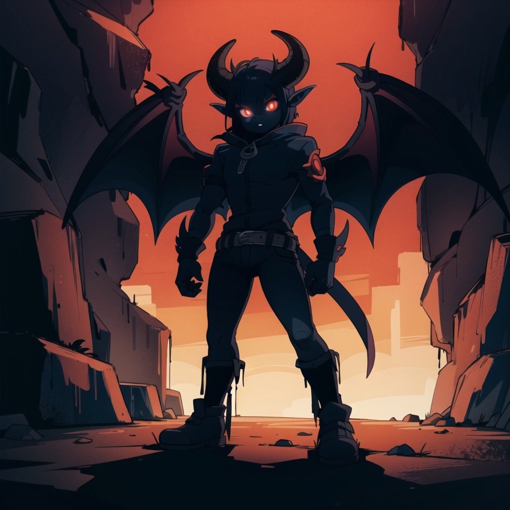 Evil Demon Standing in dark cave, bat_wings, horns, ((red_eyes, glowing_eyes)), ((dark)), shadows