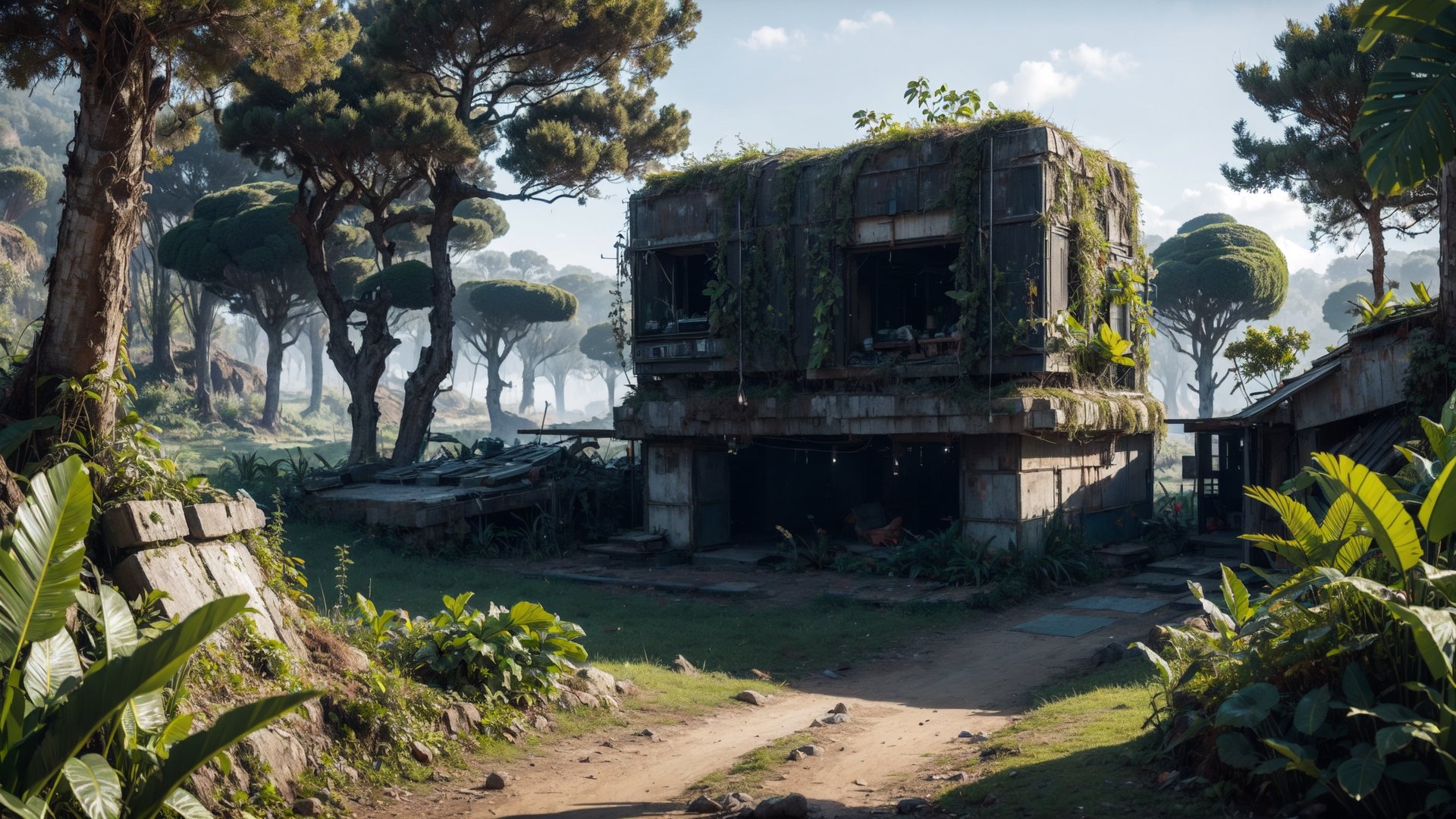 Blocky bunker in dense Jungle,  worn down,  derelict by barryperry on Tensor.Art