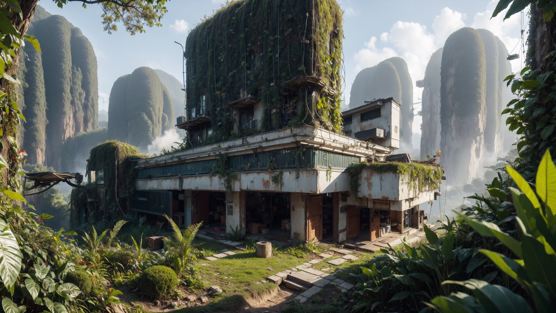 Blocky bunker in dense Jungle,  worn down,  derelict by barryperry on Tensor.Art