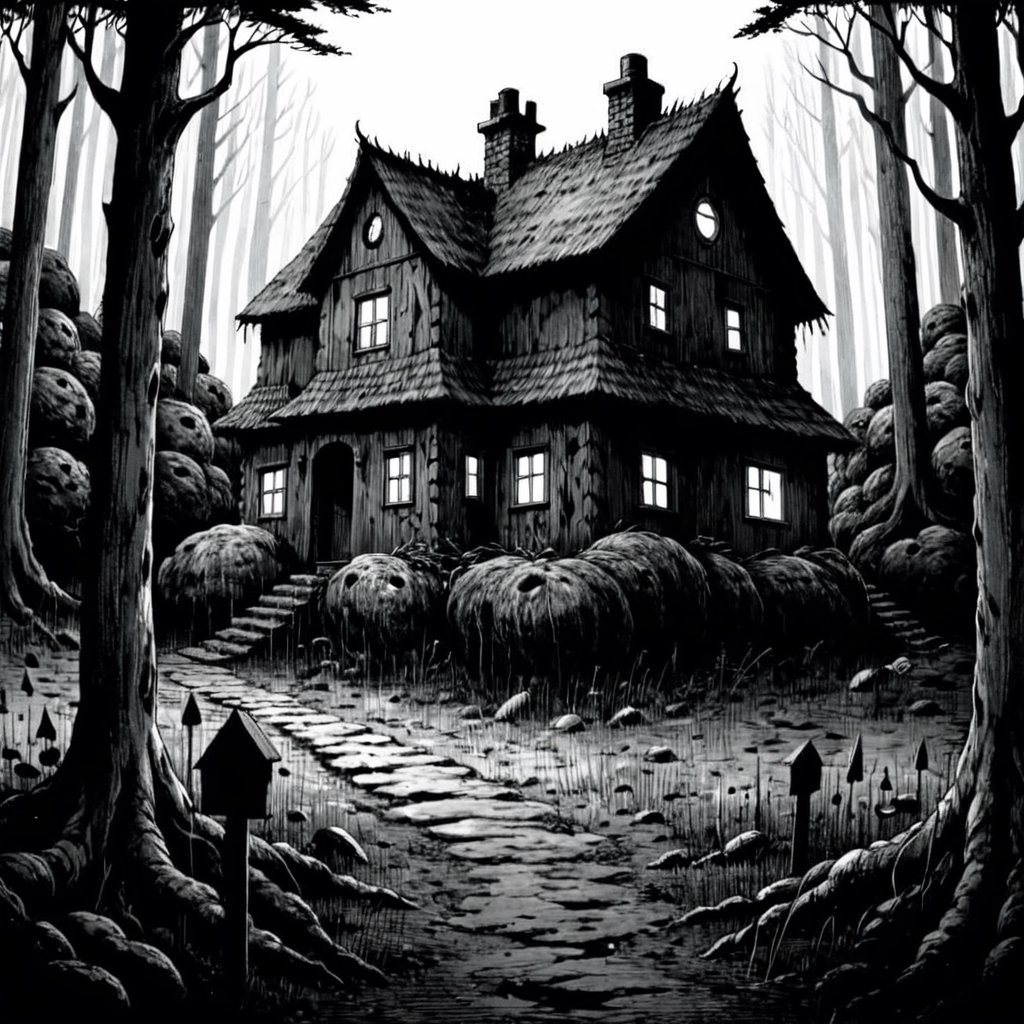 Cottage in woods, dense forest, (dark:2), qzhorror theme, terrifyingperspective, JunjiIto_qz, huge and terrifying, (monochome:2),