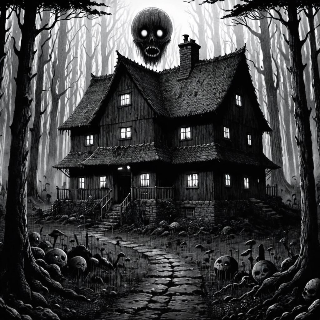 Cottage in woods, dense forest, (dark:2), qzhorror theme, terrifyingperspective, JunjiIto_qz, huge and terrifying, (monochome:2),