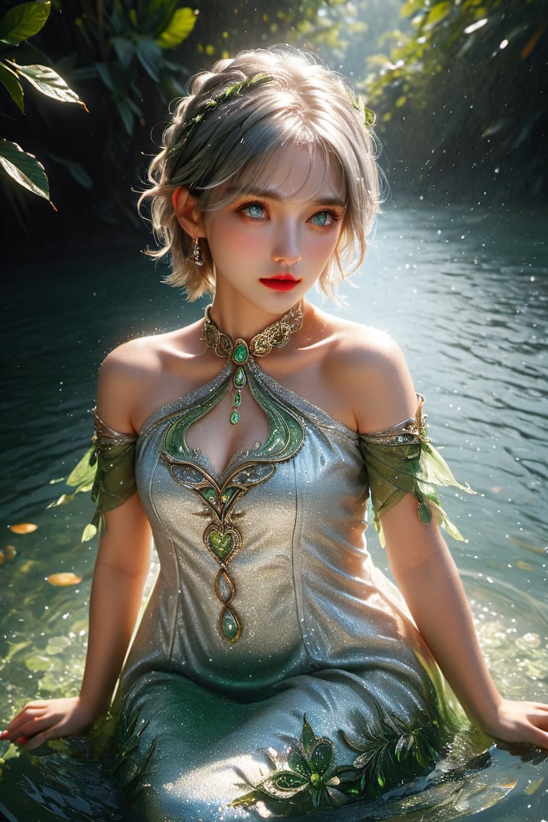 full body photo,dramatic light, fluorescent river,Floating on water, body wet,She was using her hands to collect water ,Hand holding water like a beggar.,,Nahida,green jewelry ,green eyes,silver hair,green collar,white and green dress,short dress,
Detailed pattern on the dress,small body,upper body,hair between eyes,windy,,detailed face, detailed eyes, detailed lips, beautiful woman, hourglass figure, natural lighting, high quality, hyperrealistic, 8k, cinematic, dramatic lighting, chiaroscuro, neoclassical, oil painting,