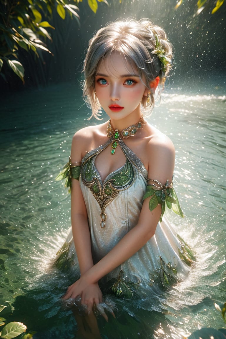 full body photo,dramatic light, fluorescent river,Floating on water, body wet,She was using her hands to collect water ,Hand holding water like a beggar.,,Nahida,green jewelry ,green eyes,silver hair,green collar,white and green dress,short dress,
Detailed pattern on the dress,small body,upper body,hair between eyes,windy,,detailed face, detailed eyes, detailed lips, beautiful woman, hourglass figure, natural lighting, high quality, hyperrealistic, 8k, cinematic, dramatic lighting, chiaroscuro, neoclassical, oil painting,