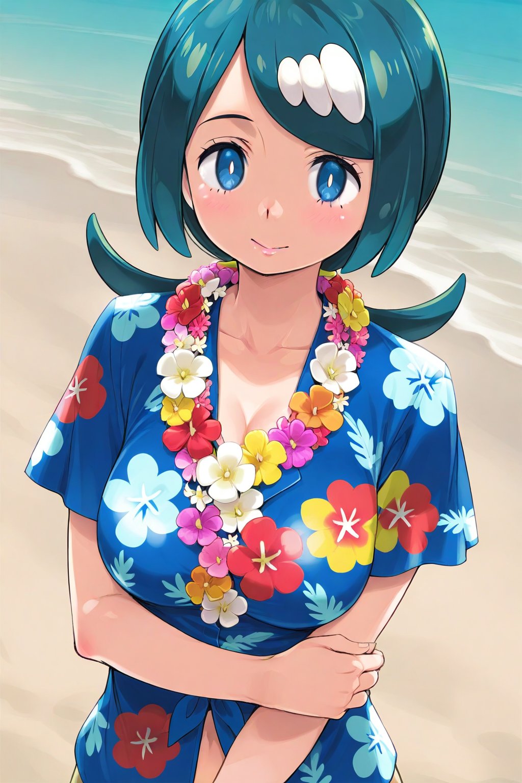 1girl, nora higuma, (suzutsuki kurara:0.8), lana's mother \(pokemon\), flower necklace, blue hawaiian shirt, upper body, beach, 