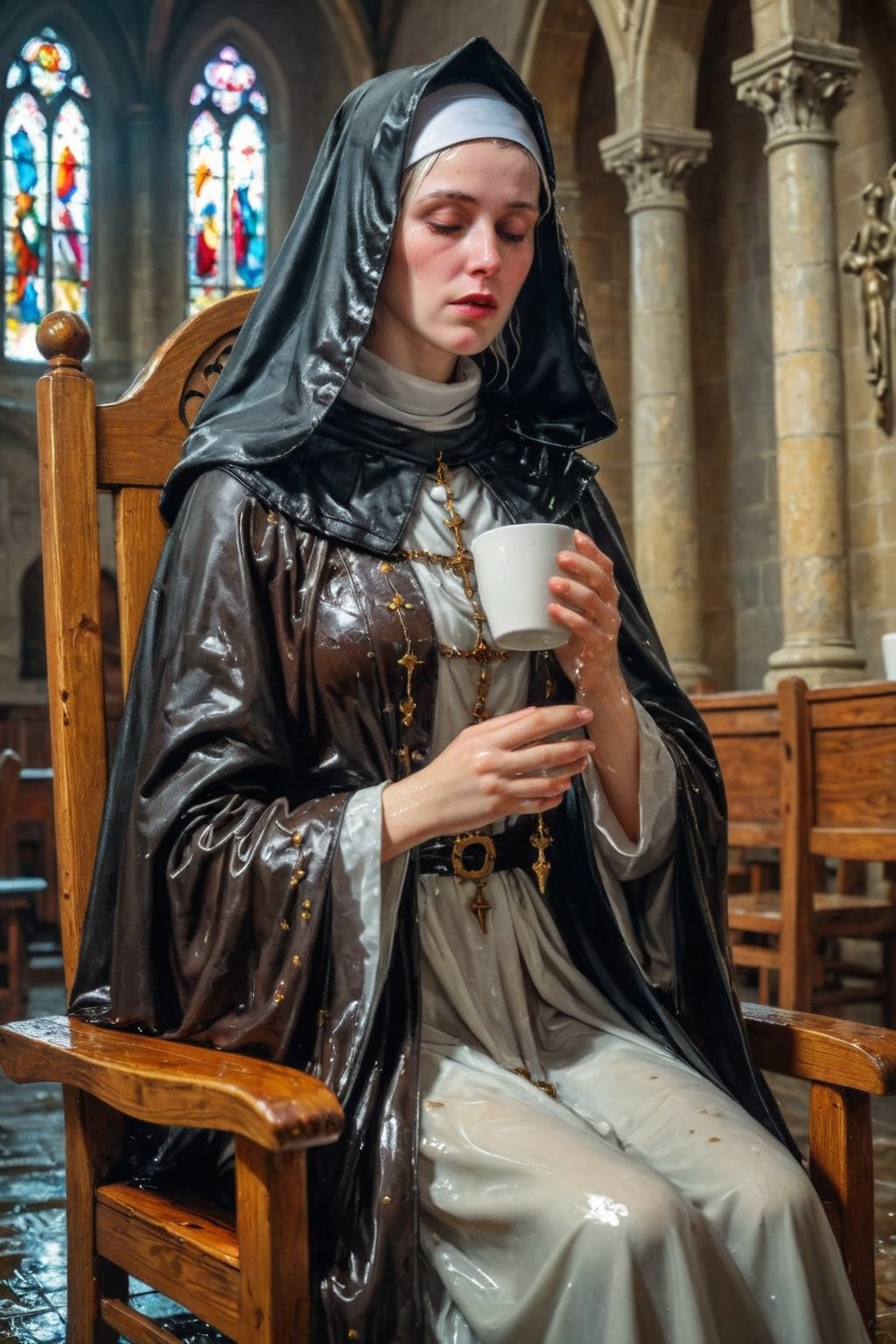  An concept art of a ethereal wet gothic irish nun drinking a cup of coffee, sitting on a chair, 50 mm lens, best quality, masterpiece, beautiful and aesthetic, 16K, (HDR:1.4), high contrast, bokeh:1.2, lens flare, (vibrant color:1.4), (muted colors, dim colors, soothing tones:0), cinematic lighting, ambient lighting, sidelighting, Exquisite details and textures, cinematic shot, Warm tone, (Bright and intense:1.2), wide shot, by playai, ultra realistic illustration, siena natural ratio, anime style,-up Side-view, wet saint gown, elaborate (wet brocade shades A Line saint ceremonial church gown and robe, cloak, sleeping), crystals, charms, rhinestone crosses, embroidery, bib, full neckline, wet full length skirt, wet frills, wet headdress, , full and sensual lips, a watch, ultra hd, realistic, vivid colors, highly detailed, UHD drawing, pen and ink, perfect composition, beautiful detailed intricate insanely detailed octane render trending on artstation, 8k artistic photography, photorealistic concept art, soft natural volumetric cinematic perfect light,Realistic.,, ,soakingwetclothes, wet clothes, wet hair, wet,,3/4 body image ,wet cloths cling to body, 